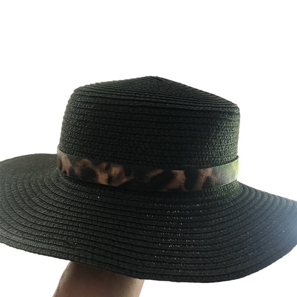 Leopard Black paper straw hat with buckle trim slight flare - Picture 1 of 8
